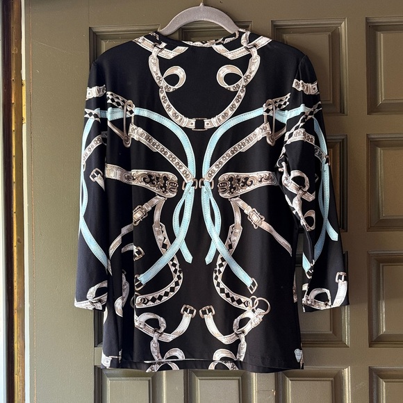 J. McLaughlin Black and Light Blue Patterned Blouse - Picture 3 of 3